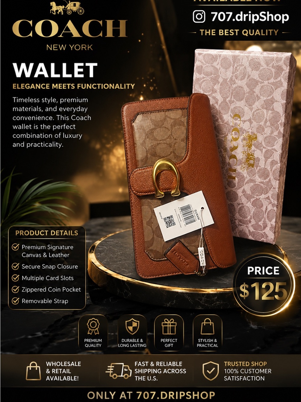 Coach Signature Canvas & Tan Brown Leather Wallet with Gold Hardware